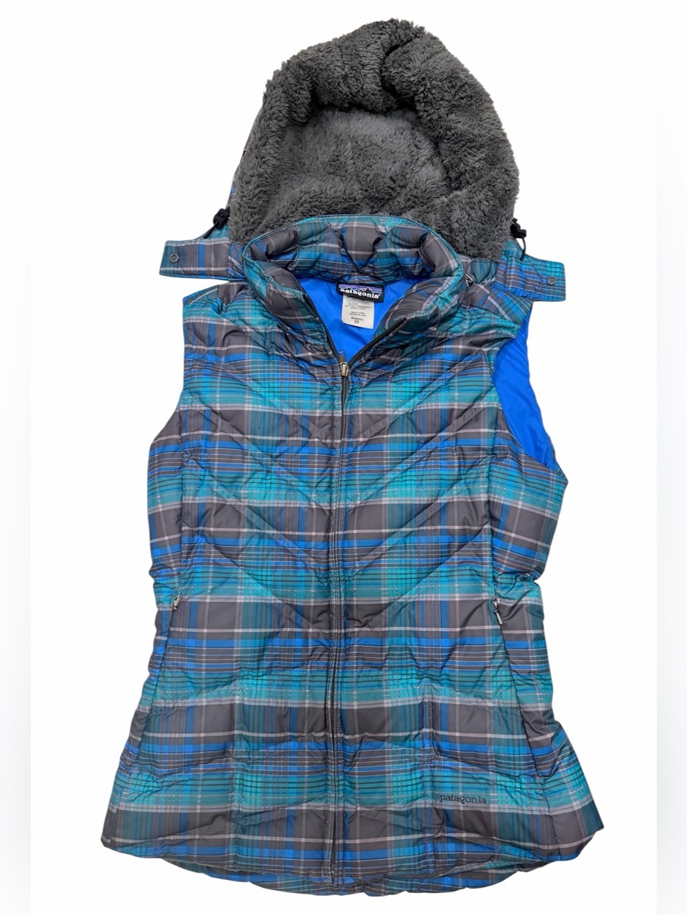 Patagonia Down 600-fill Plaid Vest XS NWOT Removable Fleece Hood 3 Pockets
